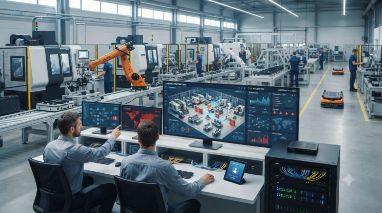 Obraz przedstawia wnętrze nowoczesnej, zautomatyzowanej hali produkcyjnej w ujęciu perspektywicznym, z wyraźnym podziałem na strefę operacyjną i stanowisko kontrolne