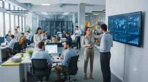 Ta grafika przedstawia nowoczesne, jasne i przestronne biuro typu open space, w którym pracownicy korzystają z zaawansowanych systemów informatycznych