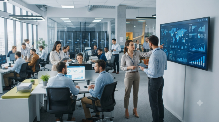 Ta grafika przedstawia nowoczesne, jasne i przestronne biuro typu open space, w którym pracownicy korzystają z zaawansowanych systemów informatycznych