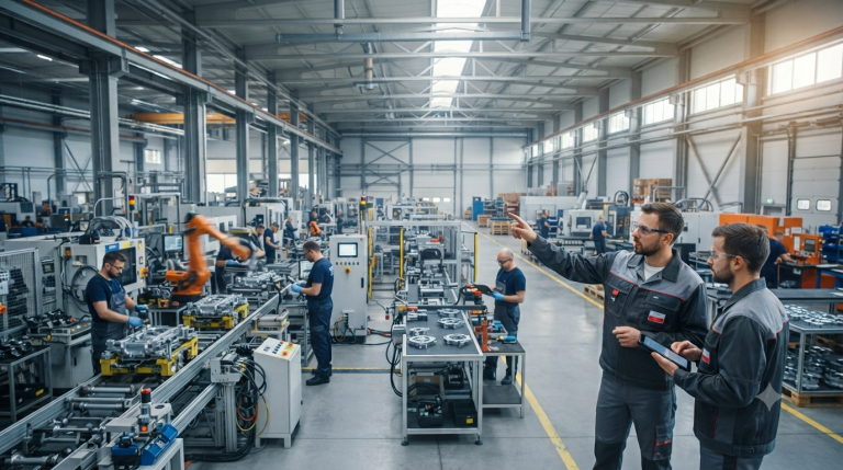 Obraz przedstawia nowoczesną halę produkcyjną, w której grupa pracowników w odzieży roboczej oraz z okularami ochronnymi analizuje procesy techniczne