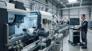 Obraz przedstawia nowoczesne środowisko przemysłowe – halę produkcyjną wyposażoną w zaawansowane linie technologiczne, co ilustruje koncepcję utrzymania ruchu 4.0 oraz diagnostyki maszyn w czasie rzeczywistym