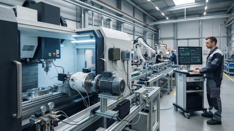 Obraz przedstawia nowoczesne środowisko przemysłowe – halę produkcyjną wyposażoną w zaawansowane linie technologiczne, co ilustruje koncepcję utrzymania ruchu 4.0 oraz diagnostyki maszyn w czasie rzeczywistym