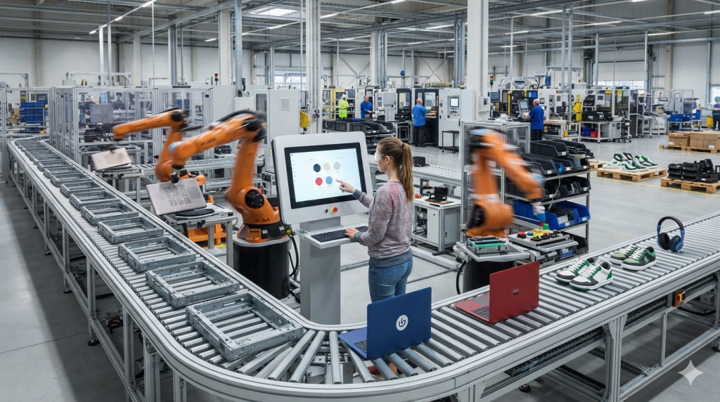 Obraz przedstawia wnętrze nowoczesnej, zaawansowanej technologicznie fabryki, utrzymanej w koncepcji Przemysłu 4.0, ze szczególnym uwzględnieniem procesu personalizacji masowej